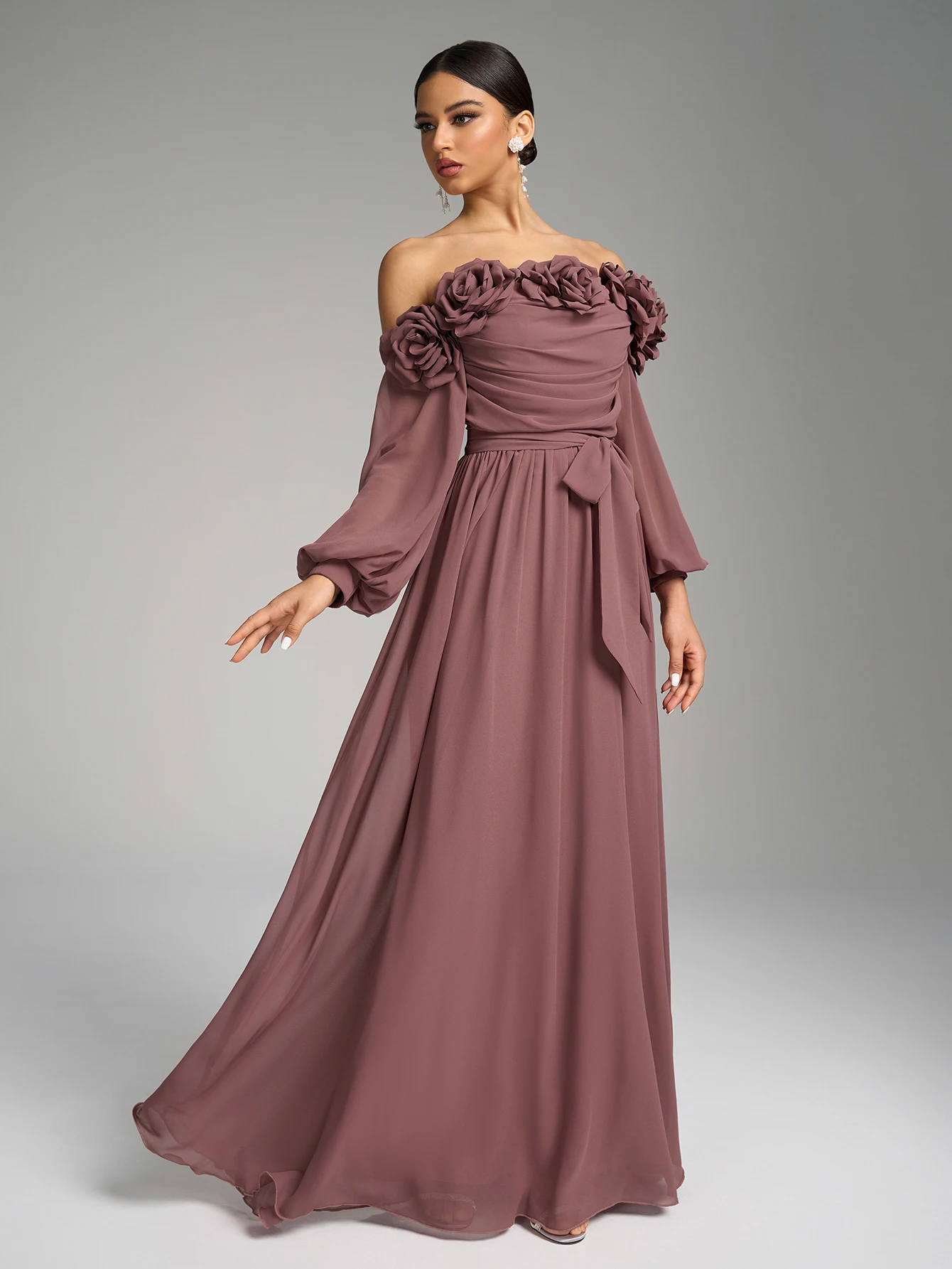 UNITHORSE Abito monospalla con maniche a lanterna e decorazione floreale, elegante abito da sera lungo fino al pavimento