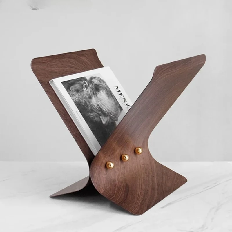 Estante de Metal com Acabamento em Madeira Nogueira, Organizador de Livros e Arquivos, Prateleiras em Formato X, Suporte para Revistas e Livros, Decoração Estética para Ambientes