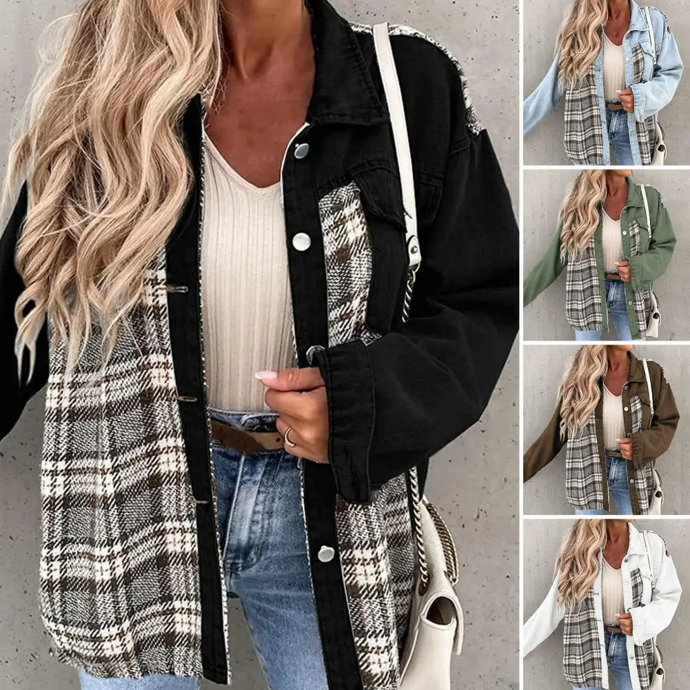 

Women Coat Plaid Print Patchwork Long Sleeves Turn-down Collar Keep Wram Single-breasted Pockets Cardigan Lady Autumn Jackets