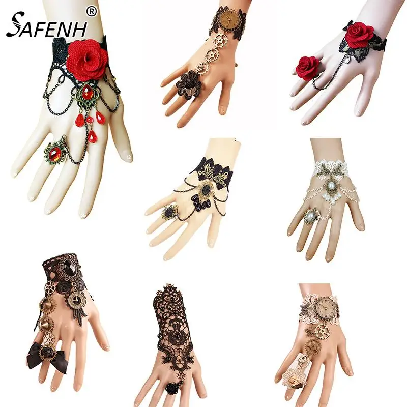 Women\'s Vintage Steampunk Gloves Wrist Cuff Gear Girls Vintage Bracelets Costume Jewelry Accessories Lace Handwear