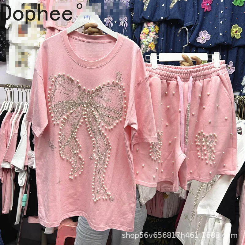 

Luxury Hot Drilling Beads Women Two-piece Set Summer Diamonds Bow Short Sleeve Loose T-shirt Top + Wide Leg A-line Shorts Suits