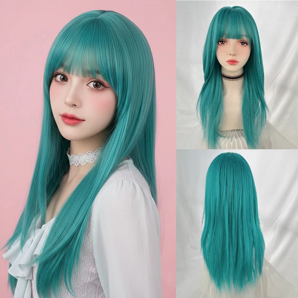 Synthetic Long Straight Blue-green Cosplay Wig with Bangs for Women Daily Lolita Party Cosplay Fake Hair Heat Resistant