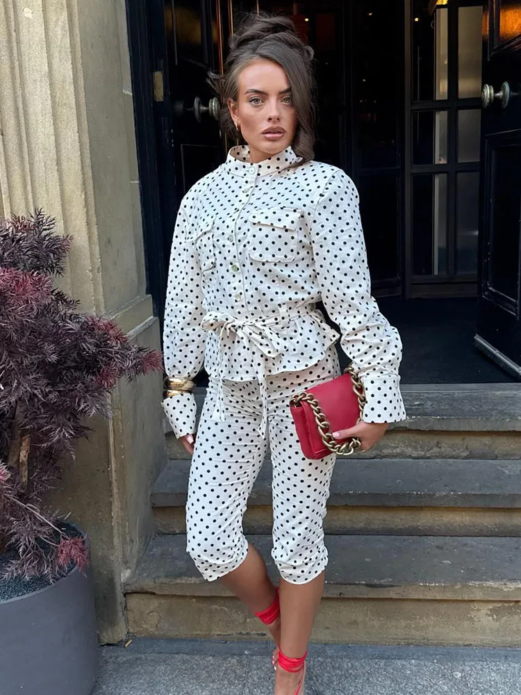 HH Women Elegant 2 Piece Set Pocket Belt Polka Dots Single Breasted Decoration Shirt Style Jacket+High Waist Casual Capri Pants