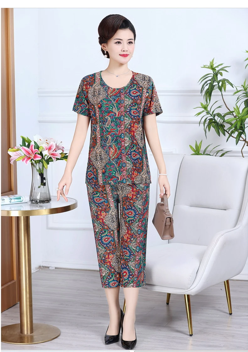 Middle-aged and Elderly Women Summer Short Sleeve Floral Print Loose  T-shirt Top Wide-leg Pant 2PCS Set Mother suit