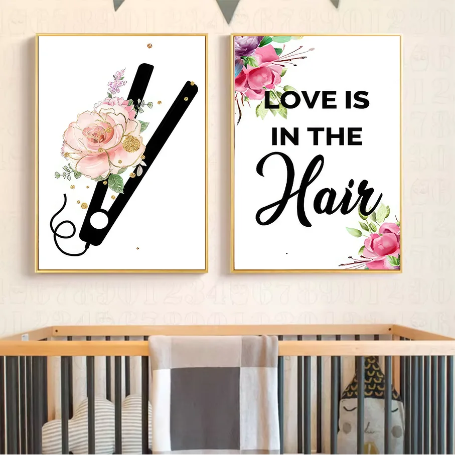 Frameless Canvas Print  Piece  Hair Straightener Floral Wall Art Love Is In The Hair Salon Decoration