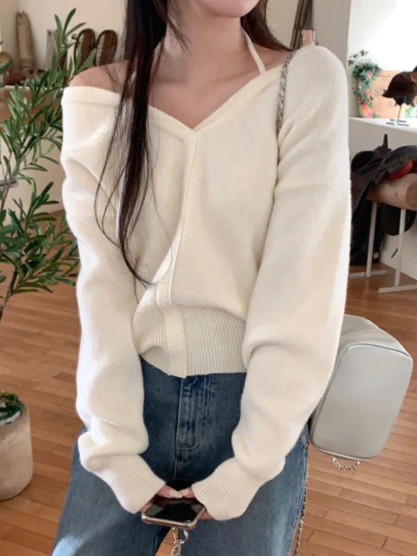 

Простой вязаный свитер с v-образным вырезом, женский новый универсальный свитер для взрослых, подвесной двусторонний вязаный свитер на одно плечо