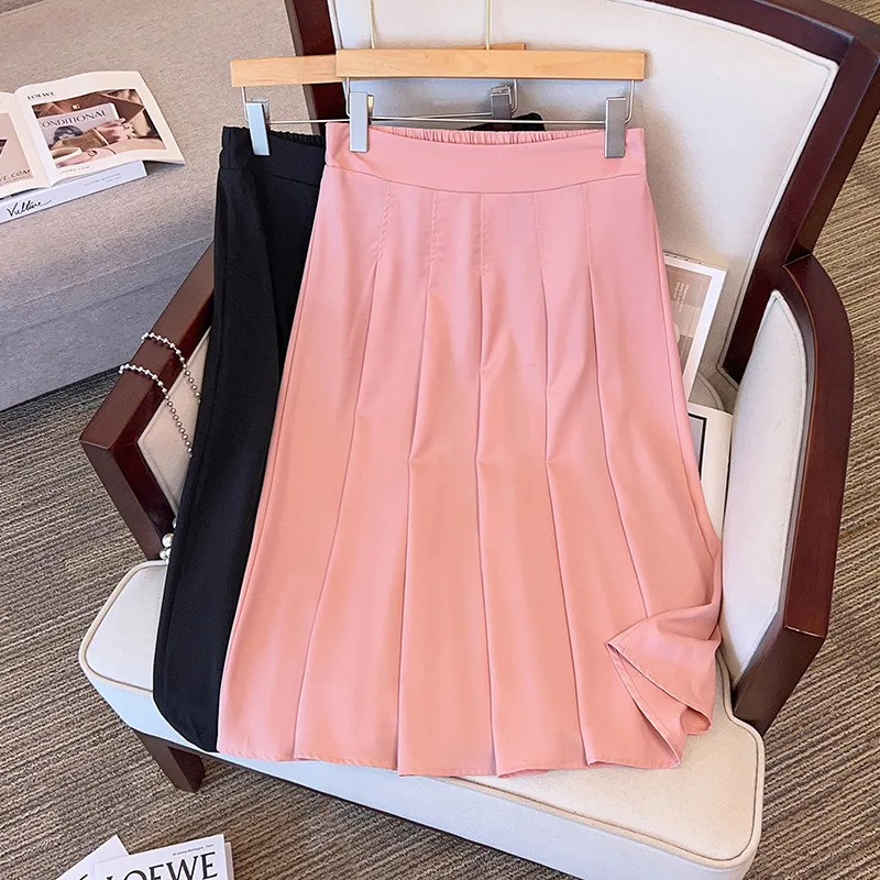 Plus Size 155Kg Women\'s Summer Loose A-Line Pleated Skirt 5XL 6XL 7XL 8XL 9XL 10XL High Waist Temperament Skirt pink Apricot