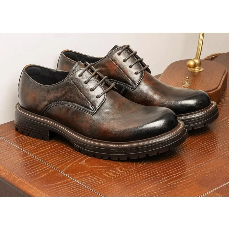 

Men Casual Leather Shoes Low Cut Round Toe Derby Dress Shoes Black Genuine Leather British Style