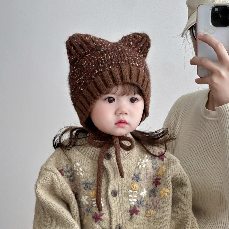 

Шерстяная вязаная шапка с кошачьими ушками для детей, термоголовной убор, милая детская шапка на шнуровке с героями мультфильмов, зимняя теплая защита для ушей