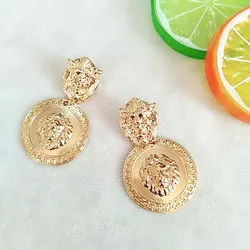 Vintage Relief Lion Head Earrings for Women Metal Electroplating Alloy Drip Oil Baroque Totem High Quality Fashion Trend Jewelry