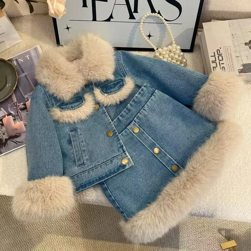 1-9 سنوات الخريف والشتاء الفتيات المخملية الدنيم مجموعة الطبعة الكورية الجديدة للأطفال معطف سميك مع القطن نصف تنورة قطعتين مجموعة