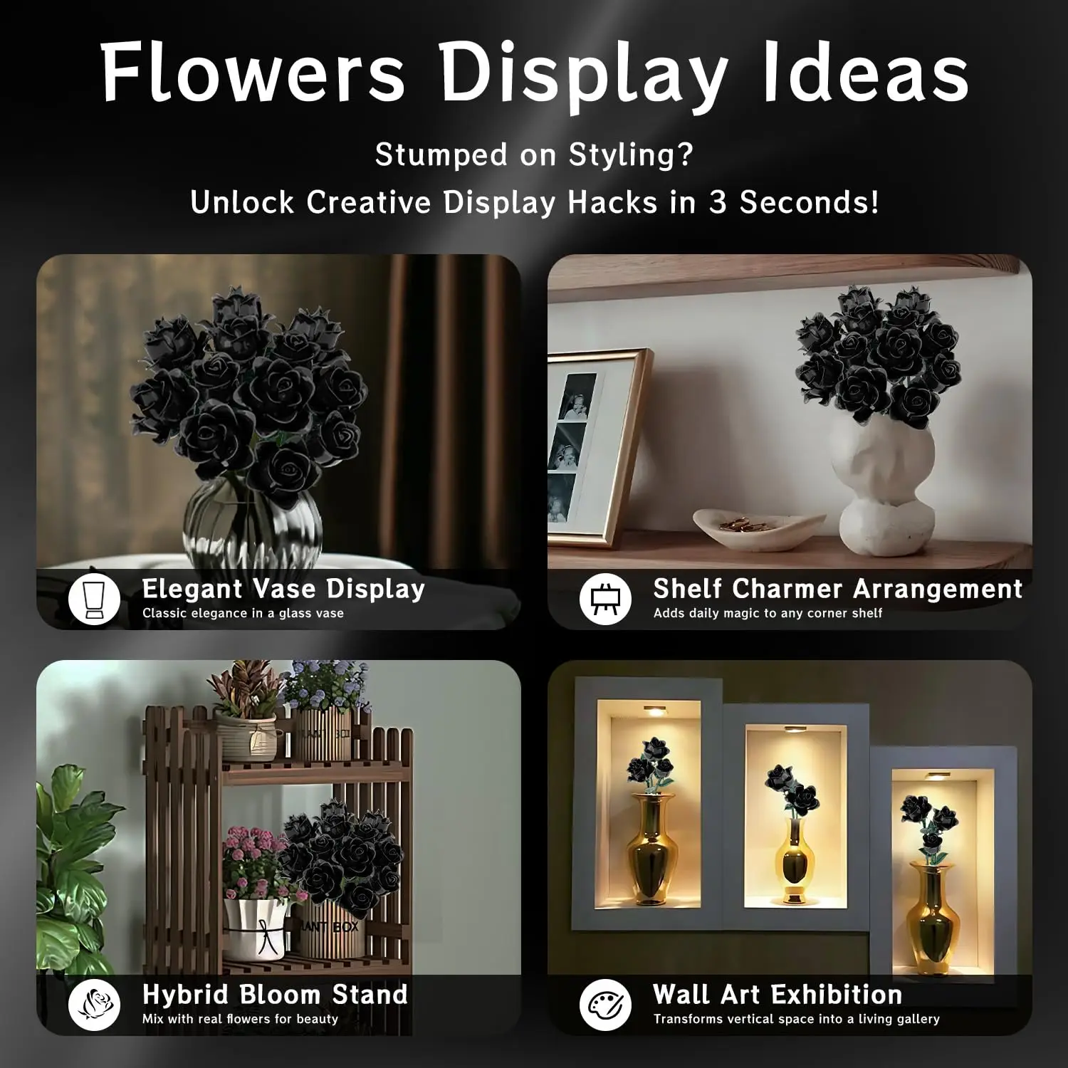 12PC Black Rose Building Block Plant Bouquet Simulated Roses Flowers Gothic Decoration Home Display Adult Holiday Gifts Toys view 5