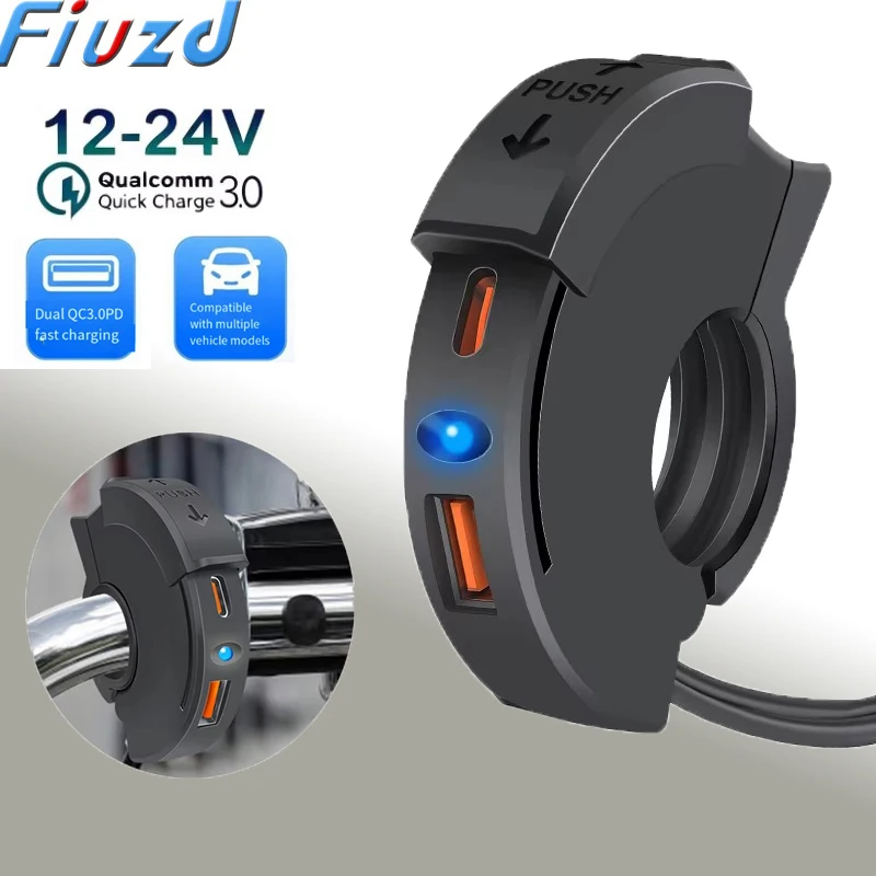 48W PD QC3.0 Motorcycle USB Fast Charger Moto Handlebar Waterproof Type C Port Socket Connector With Switch/LED Light