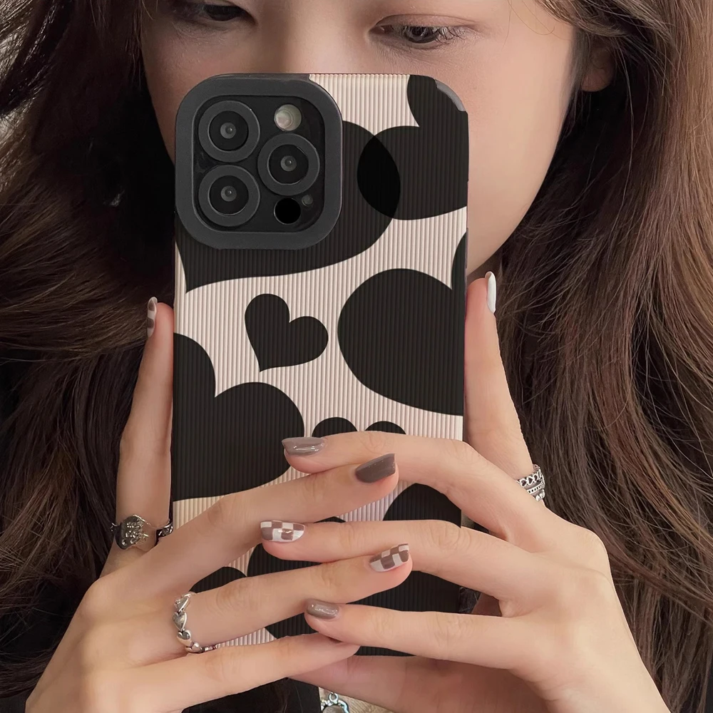 Fashion Black Love Heart Leather Silicone Case For iPhone 15 11 12 14 Pro Max 13 Mini SE 7 8 Plus X XS XR Shockproof Full Cover