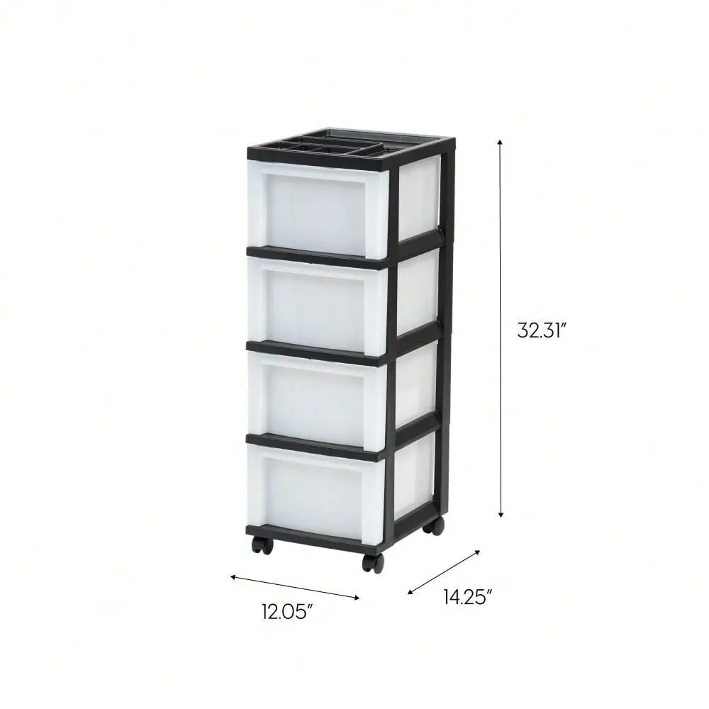 

USA 4Drawer Narrow Plastic Storage Drawer Cart With Organizer Top Black