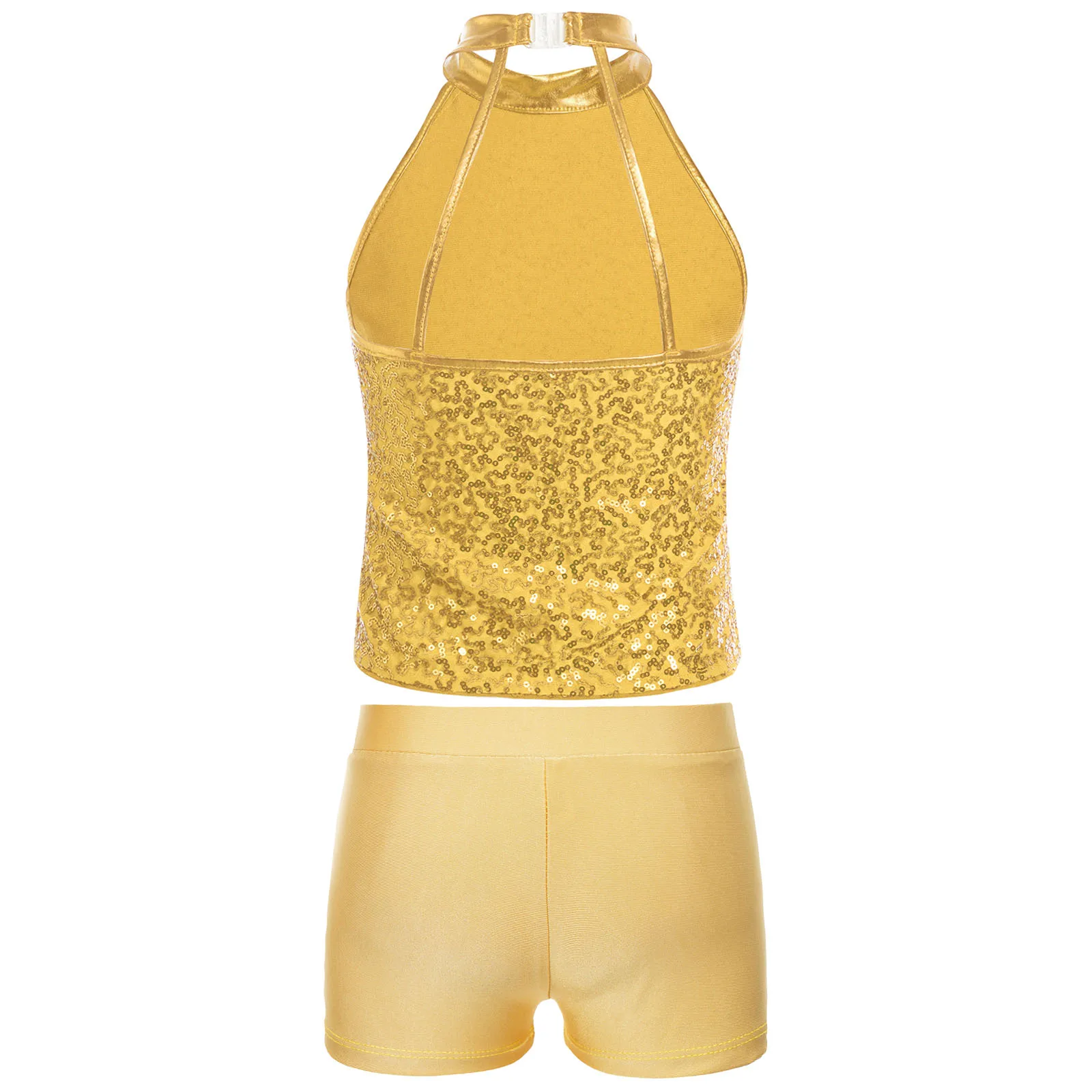 Kids Girls Jazz Dance Costume Streetwear Sequin Halter Crop Top Hip Hop Dancewear Sets Cheerleading Stage Performance Clothes
