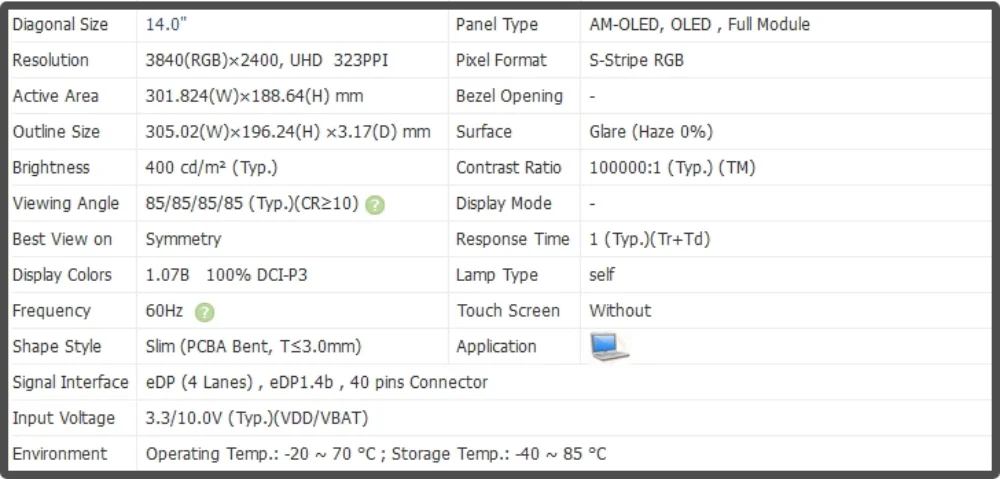 ATNA40YN04-0 14 Inch OLED Screen Display AMOLED 4K UHD 3840x2400 IPS Panel 60Hz Non-touch