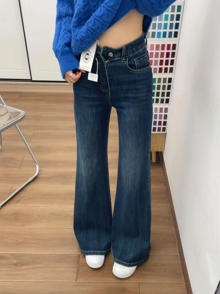 جينز جينز عالي الخصر باللون الأزرق الداكن للنساء لخريف وشتاء Fce مقاس كبير جذاب للتخسيس وإخفاء الورك... #2