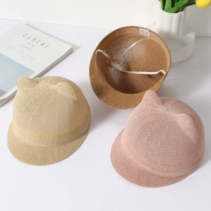 

Cute Cat Ear Straw Hat Children's Summer Sunscreen Hat 2-6 Years Old Outdoor Beach Sun Hat Solid Color Baseball Cap