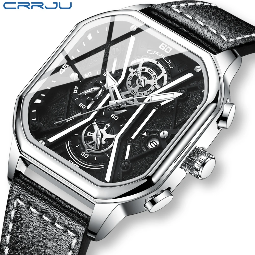 

CRRJU Mens Watches Top Luxury Brand Waterproof Sport Wrist Watch Chronograph Quartz Military Genuine Leather Relogio Masculino