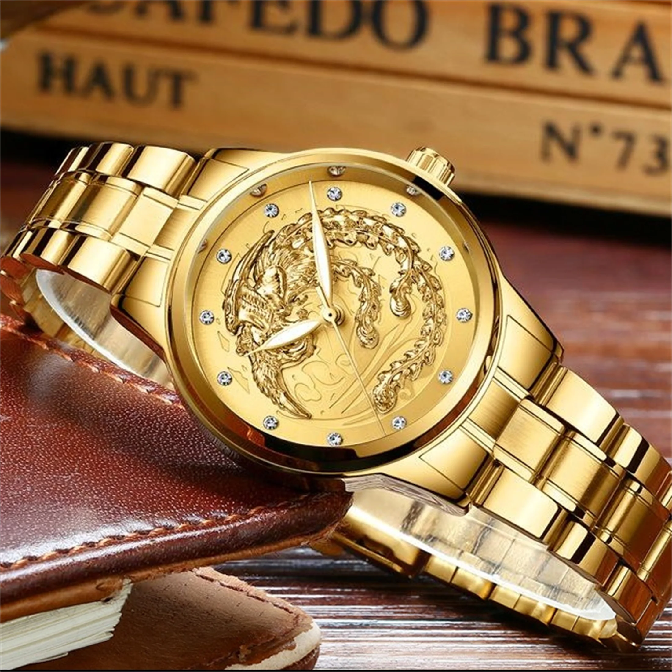 Reloj dorado de lujo para hombre y mujer, cronógrafo de cuarzo redondo con esfera grande, diseño de dragón Phoenix, resistente al agua, calendario luminoso, fecha, 2 unidades por Set