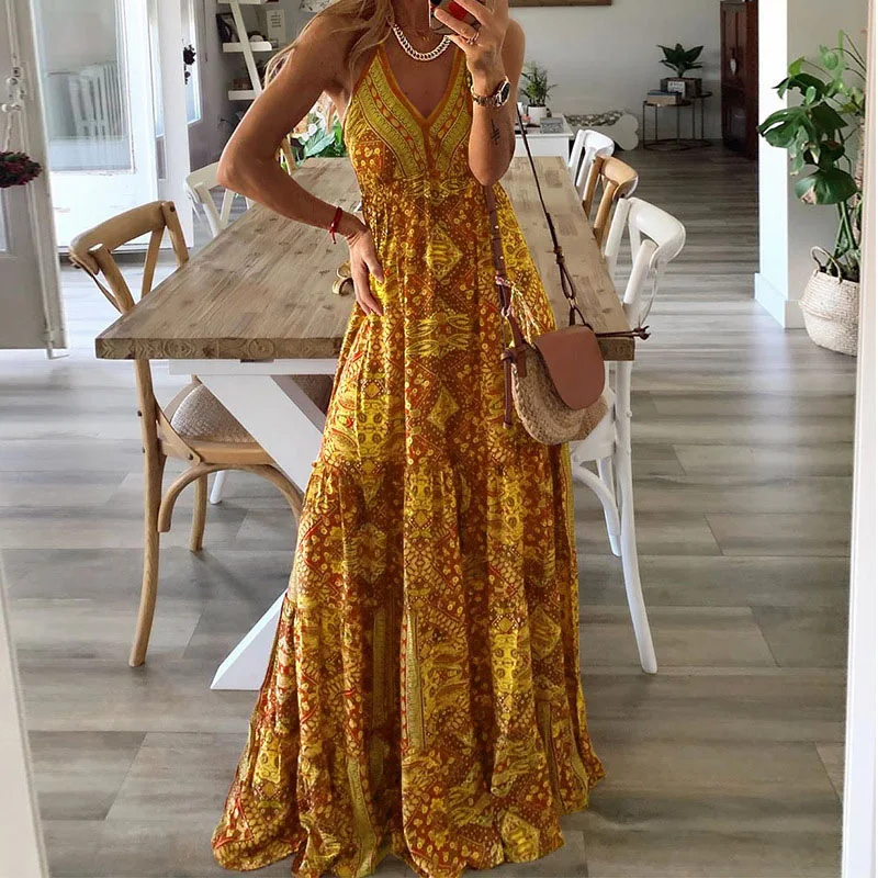 

2025 Bohemian Style New Suspender Long Dress High Waist V-neck Printed Floral Dress Women's Clothing European American
