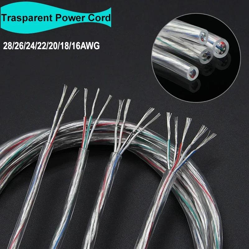 1/2/5m Transparent Power Cord 28/26/24/22/20/18/16AWG PVC Insulation Tinned Copper Cable 2 3 4 5 Cores LED Light Electric Wire