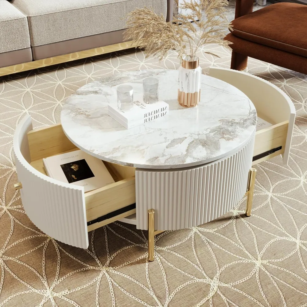 

31.5 Modern Round Coffee Table with 2 Large Drawers Storage Accent, Off White