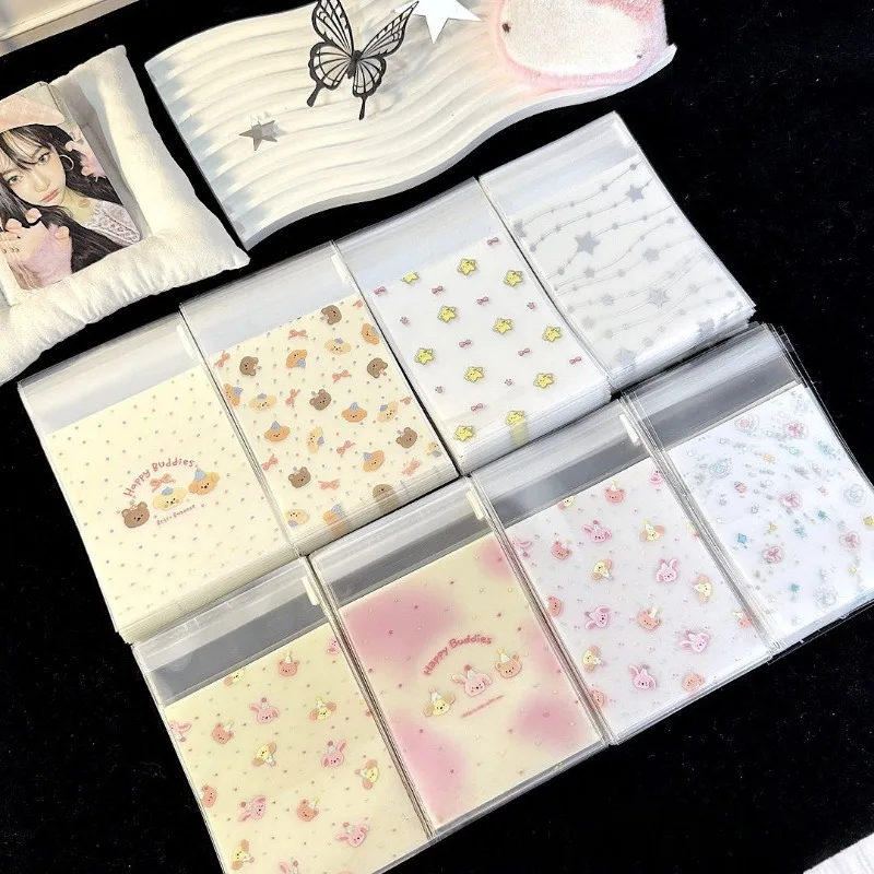 50pcs Assorted Self-adhesive Clear Bags, Cartoon Packaging Pouches for Kpop Photocard, Small Gift