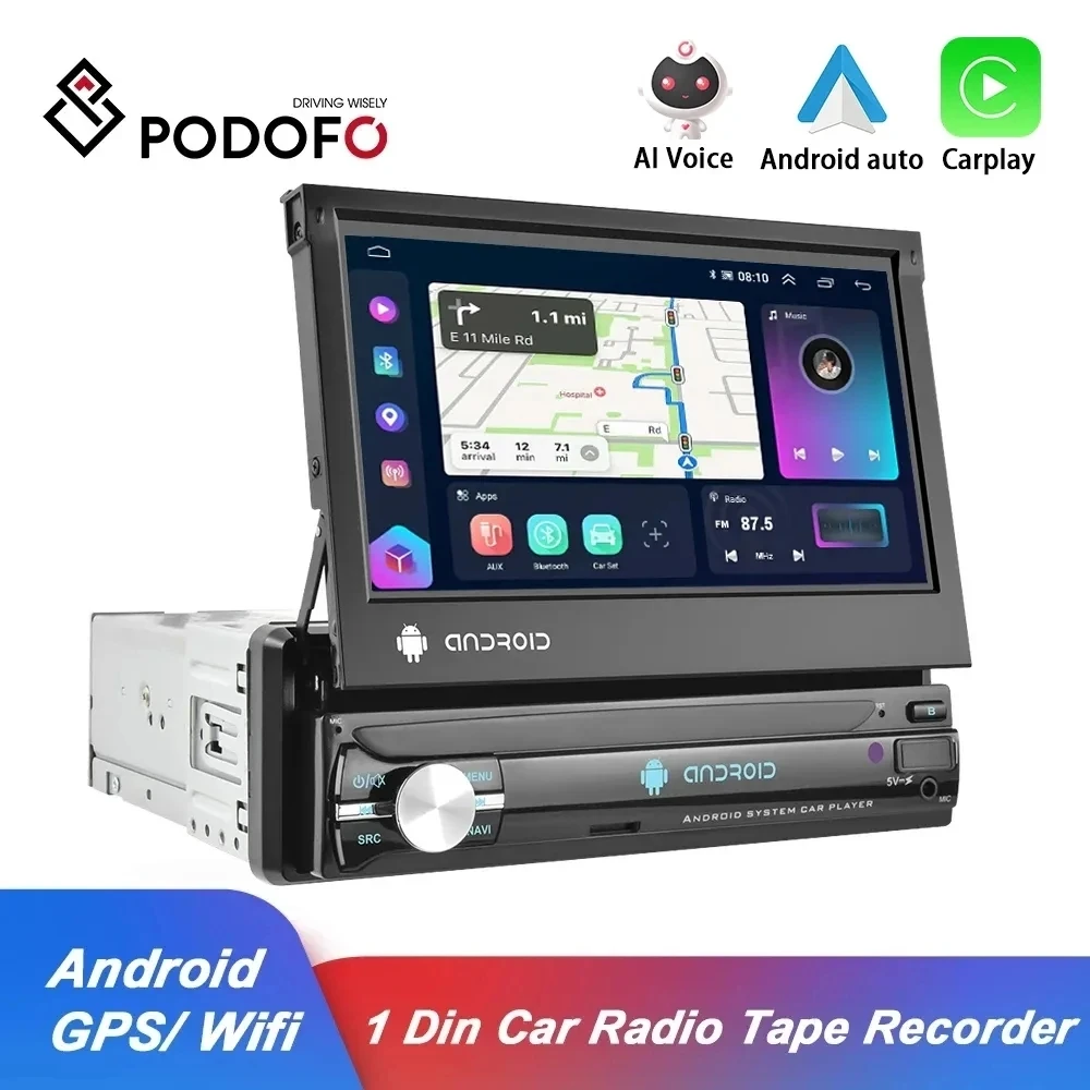 Podofo-マルチメディアプレーヤー付きGPSカーラジオ,Android,1ディン,7インチHD画面,ステレオオーディオ,DVDなし