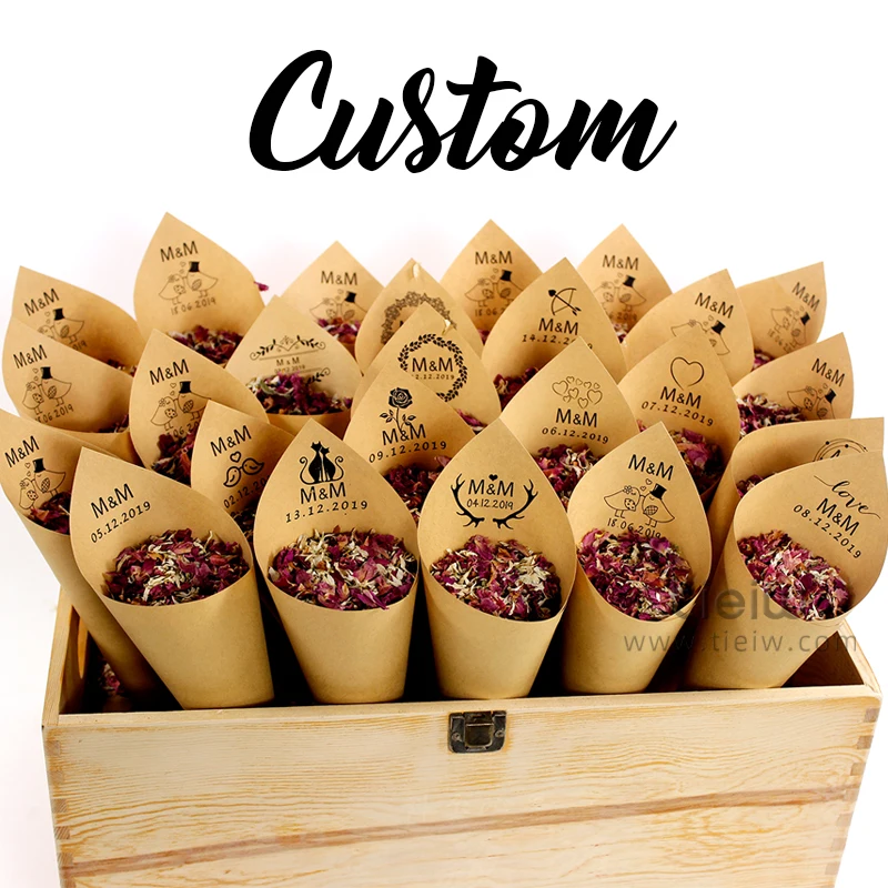 Cones confete com nomes e data, doces pétala, confete natural, personalizável para celebrações, casamento personalizado