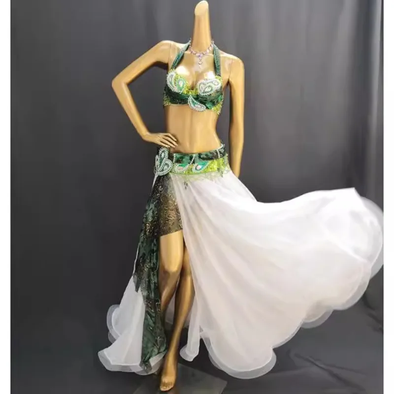 Conjunto de danza del vientre personalizado para mujer adulta, vestido de actuación con purpurina, sujetador, cinturón, vestido largo, conjunto de tres piezas, caderines danza árabe