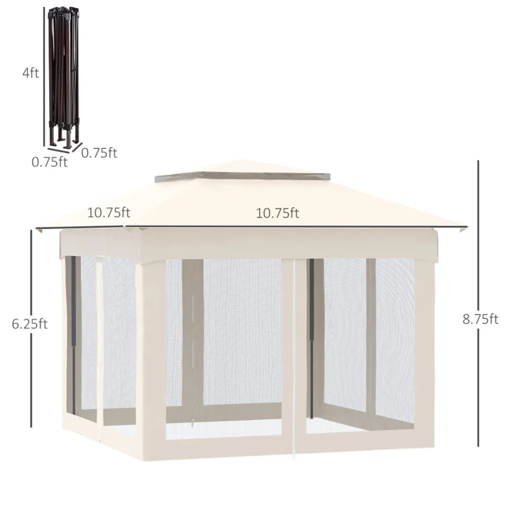 11Ft Patio Gazebo Garden Sun Shelter Pop Up Canopy Tent  Awning Sheds Pergola Party Tents Events Gazebos with Mosquito Net Beige