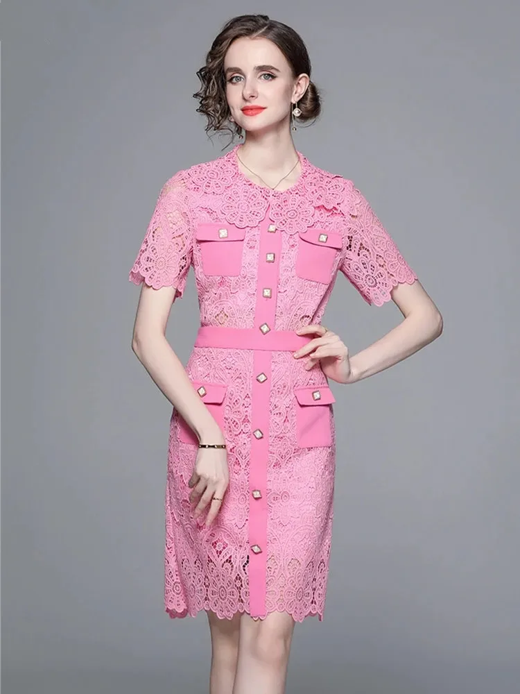 

Women's Pink Lace Short Shirt Knee-length Skirt Two Piece Sets Sweet Hollow out Short Sleeve Single-breasted 2 Piece Outfits