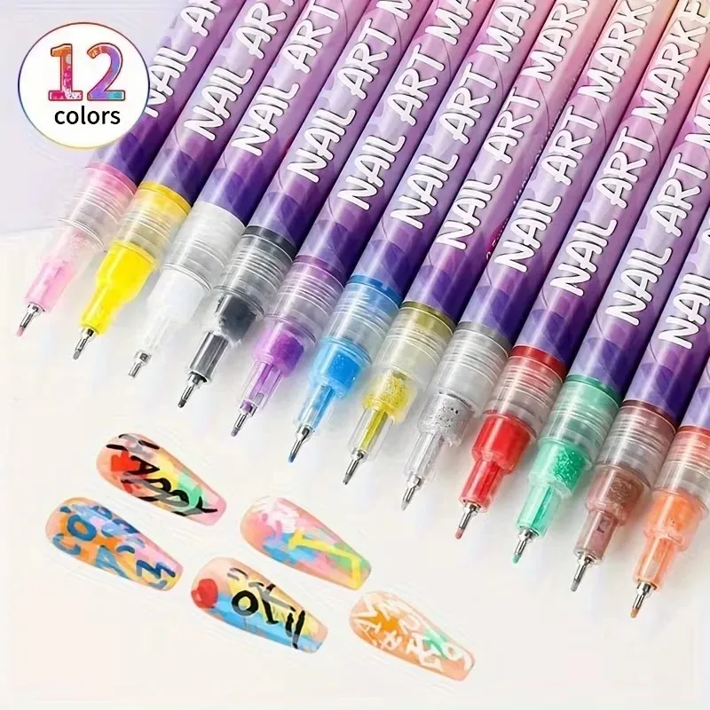 

1-5Sets 12 Color Nail Marker Set Waterproof Nail Art Graffiti Pens 05mm Extra Fine Acrylic Paint for Nail Painting and Manicure