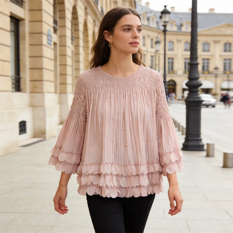 Miyake Pleated Spring New Fashion Loose Large Size Versatile Top Simple Round Neck Long Sleeve Petal Beaded Pullover T-shirt