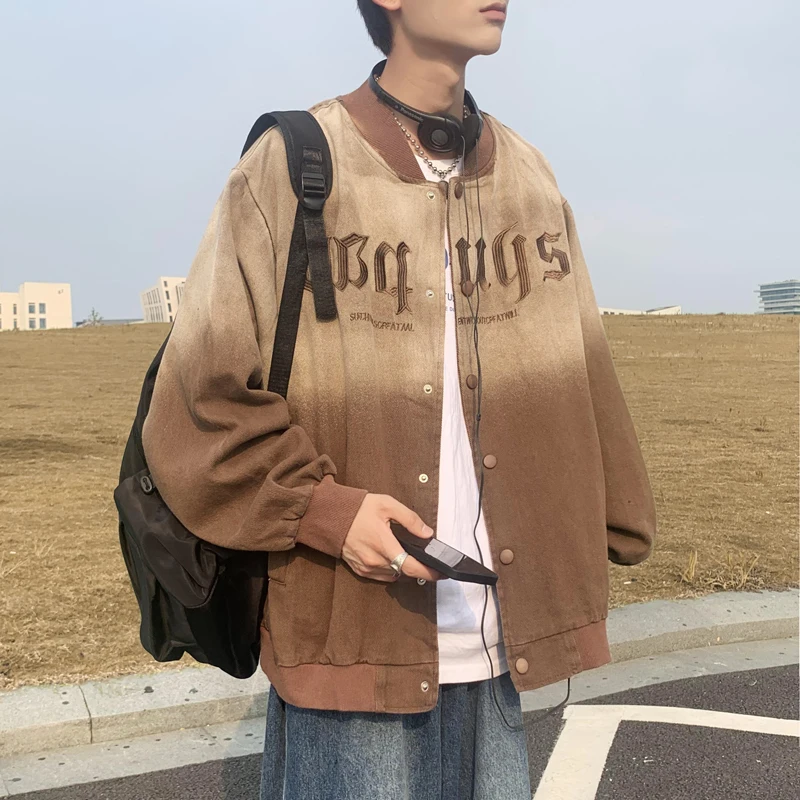 American Style Baseball Jacket Men's Vintage Washed Gradient Embroidery Loose Couple Outfit Denim Fabric Stand Collar Long Sl...