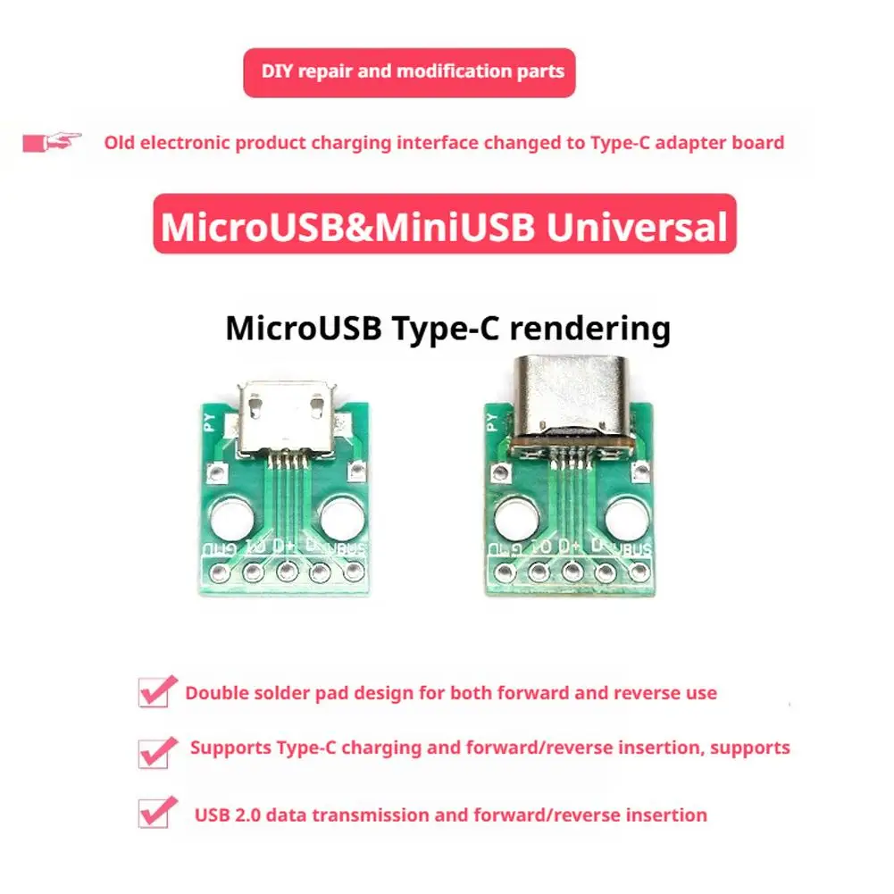 5pcs MC007 MicroUSB To Type-C Adapter Board Charging Data Transmission PCB Board Repair Replacement Connector DIY Modification