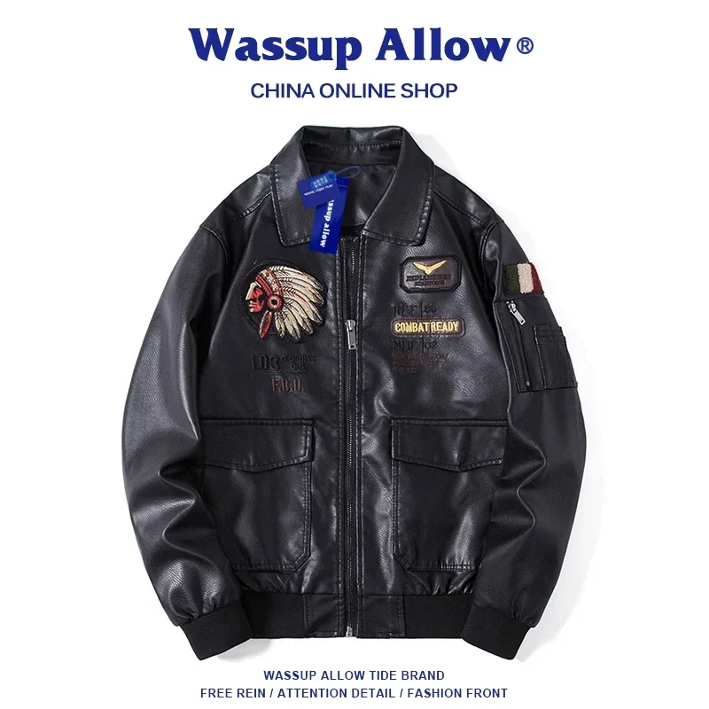 WASSUP ALLOW Jaqueta de couro americana masculina de couro PU casal bordado jaqueta com gola alta