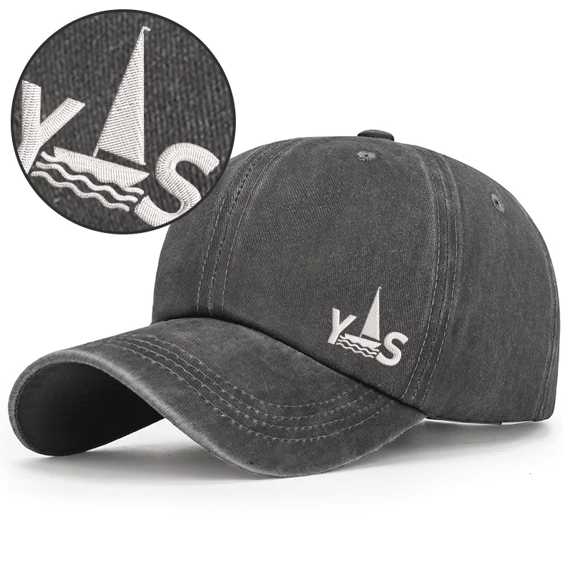 

Men's Washed Denim Baseball Cap Sailboat Embroidered Hat Adjustable Casual Sport Sun Hat Available in Multiple Colors