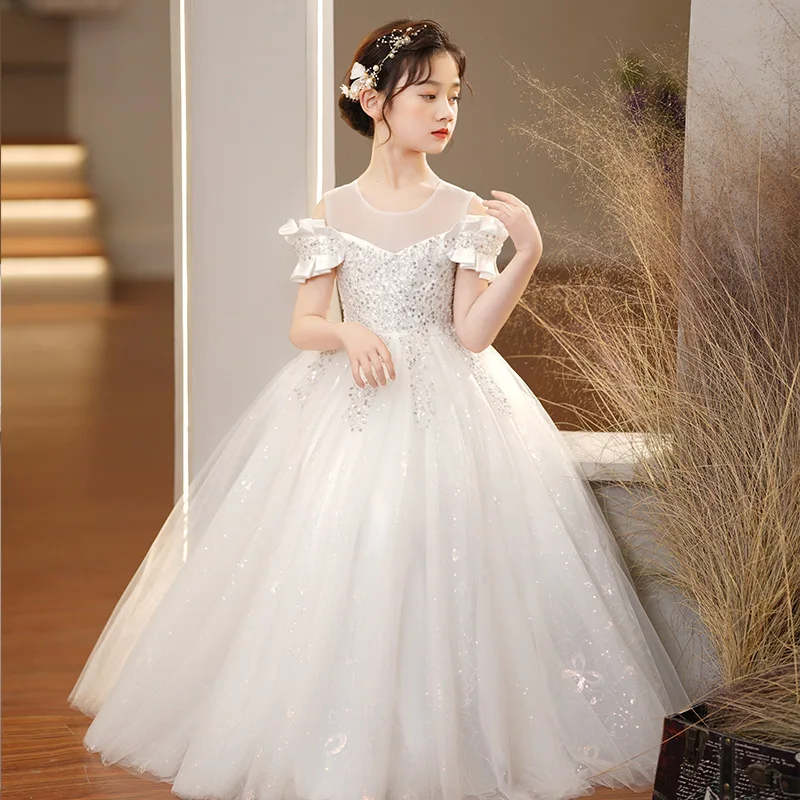 New Youth Girl Princess Mesh Dress Wedding Flower Girl Dress School Competition Piano Long Performance Dress for 3-12 Years