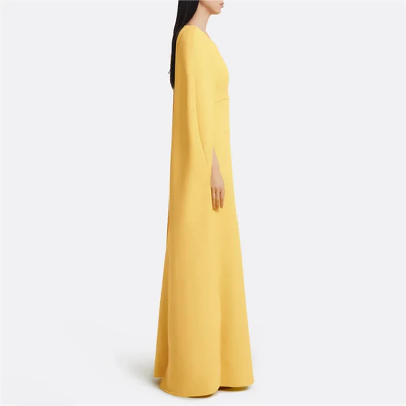 エレガントなパーティードレス イエロードレス 2025 女性用イブニングドレス ドバイ ソワレドレス フロア丈 プロムドレス キャップ付き カスタマイズ可能