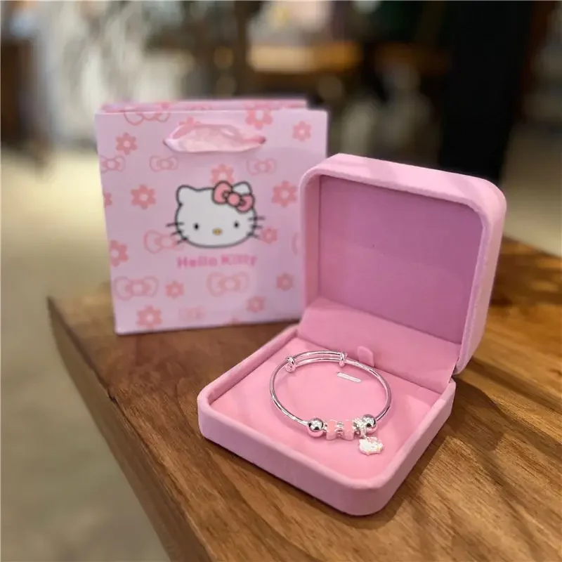 Authentic Sanrio Hellokitty Sterling Silver Bracelet Cute Push-Pull Silver Bracelet for Children, Adults, Sisters, Birthday Gift