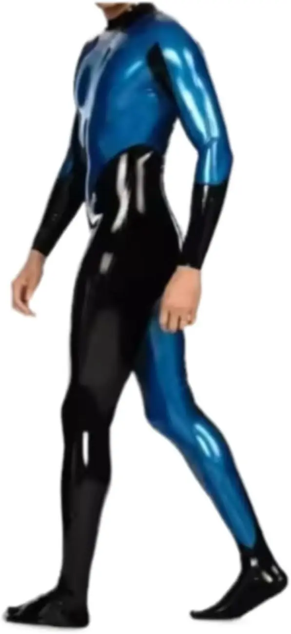 

Latex Rubber Metallic Blue & Black Bodysuit with Zipper Back