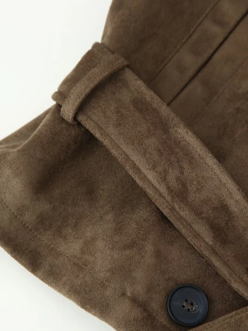 Damen-Weste aus Wildlederimitat, ärmellos, doppelreihig, mit selbstbindendem Gürtel, hohem Kragen, Taschen, Schulterklappen, Oberbekleidung, Top 2026 – Detail 9