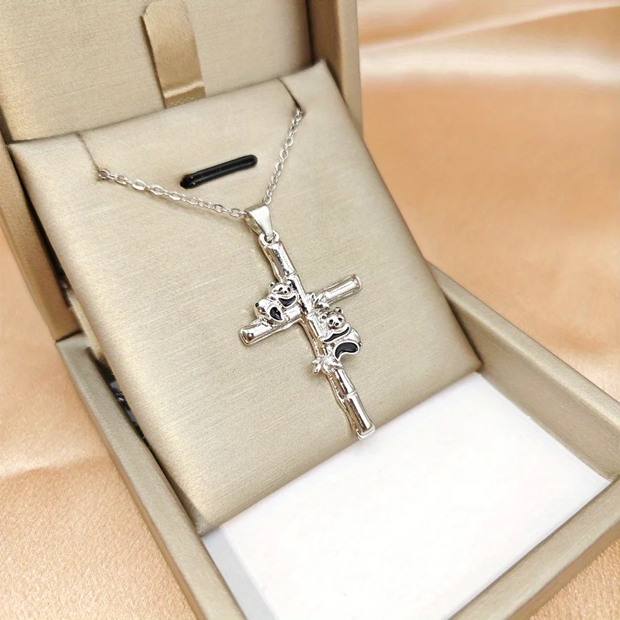 Fashion Panda Bamboo Cross Necklace for Women\'s Birthday Love Anniversary Christmas Jewelry Gift Animal pendants