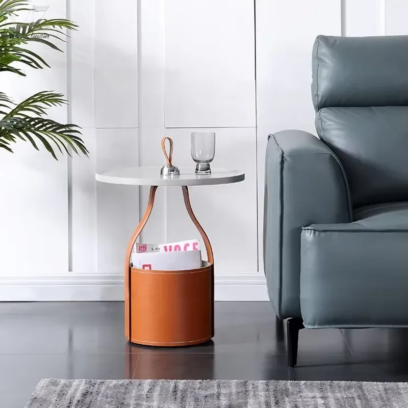 Modern Round Leather Side Table with Storage Tray for Living Room Bedroom Italian Style Small Coffee Table Creative Design