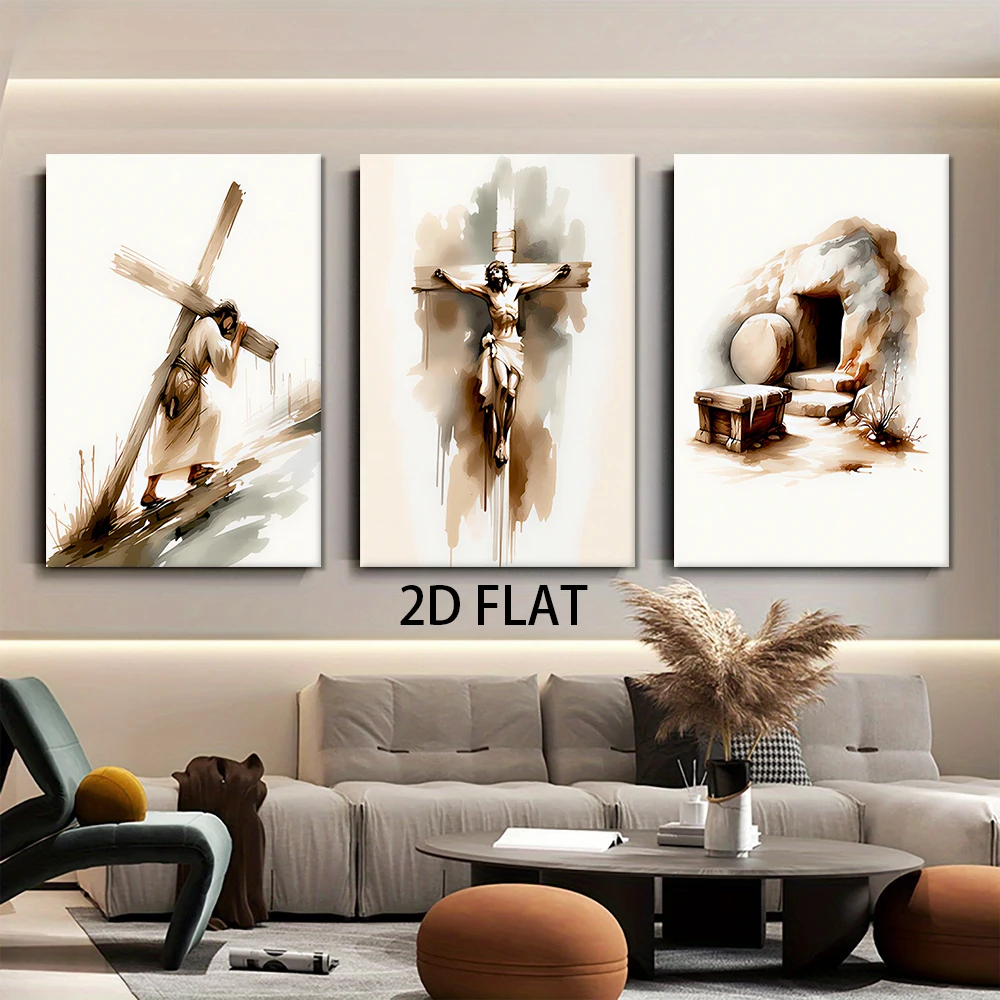 1 ensemble de peintures décoratives sans cadre sur le thème religieux de la Passion et de la Résurrection de Jésus, triptyque, salon moderne et minimaliste