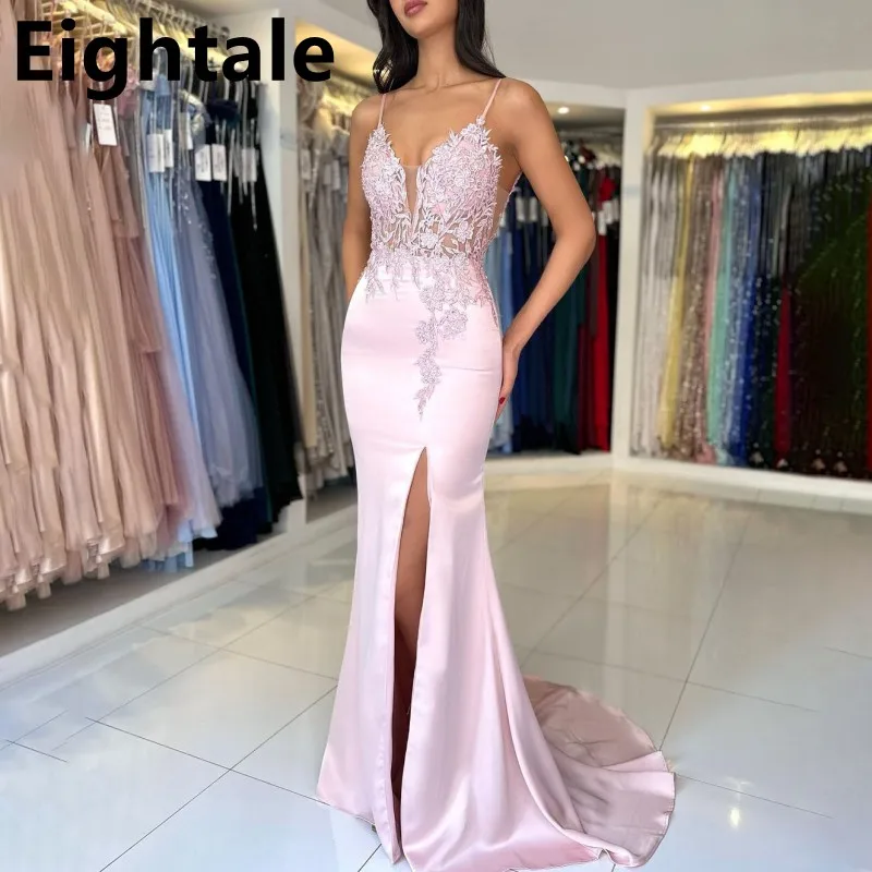 

Eightale 2025 Light Pink Slit Mermaid Prom Dress Straps Appliques Backless Evening Dress Women Formal Party Gown Robes De Soirée