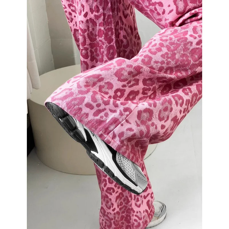 Meisjes roze luipaardprint designer jeans Lady Chic hoge taille broek met rechte pijpen Vrouwelijke Koreaanse casual denim broek
